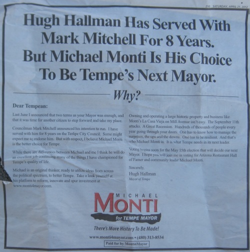 Tempe Mayor Hugh Hallman thinks Mark Mitchell sucks and is supporting Michael Monti for Tempe Mayor  - This ad is probably illegal under Tempe election law - The ad was run in the Saturday Tempe Arizona Republic on April 21, 2012