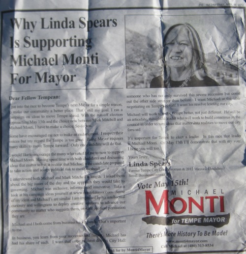 Tempe City Councilwoman Linda Spears thinks Mark Mitchell sucks and is supporting Michael Monti for Mayor - This ad is probably illegal under Tempe election law  - The ad was run in the Wendesday Tempe Arizona Republic on April 18, 2012